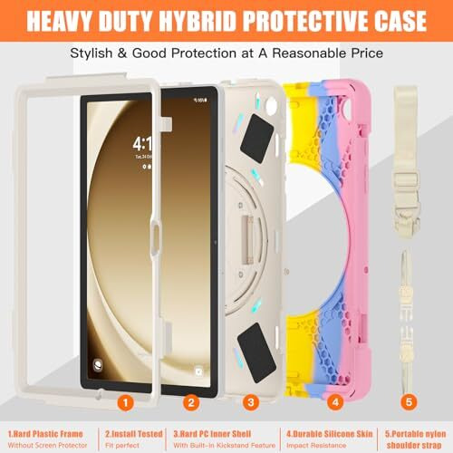 Proelite Cover For Samsung Galaxy Tab A9 Plus 11 Inch Case Cover, Rugged 3 Layer Armor Case Cover For Samsung Galaxy Tab A9+ 11 Inch Hand Grip And Rotating Kickstand, Rainbow Pink