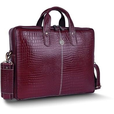 Hammonds Flycatcher Genuine Leather Office Bag For Men - 15.6 Inch Laptop Bag For Men, Professional Leather Bag For Men - Adjustable Straps And Multiple Compartments - 1 Year Warranty - Croc Maroon