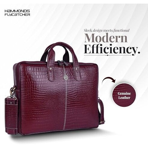 Hammonds Flycatcher Genuine Leather Office Bag For Men - 15.6 Inch Laptop Bag For Men, Professional Leather Bag For Men - Adjustable Straps And Multiple Compartments - 1 Year Warranty - Croc Maroon