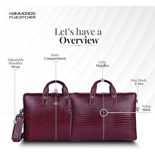 Hammonds Flycatcher Genuine Leather Office Bag For Men - 15.6 Inch Laptop Bag For Men, Professional Leather Bag For Men - Adjustable Straps And Multiple Compartments - 1 Year Warranty - Croc Maroon