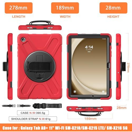 Proelite Cover For Samsung Galaxy Tab A9 Plus 11 Inch Case Cover, Rugged 3 Layer Armor Case Cover For Samsung Galaxy Tab A9+ 11 Inch Hand Grip And Rotating Kickstand, Red