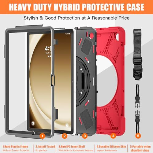 Proelite Cover For Samsung Galaxy Tab A9 Plus 11 Inch Case Cover, Rugged 3 Layer Armor Case Cover For Samsung Galaxy Tab A9+ 11 Inch Hand Grip And Rotating Kickstand, Red