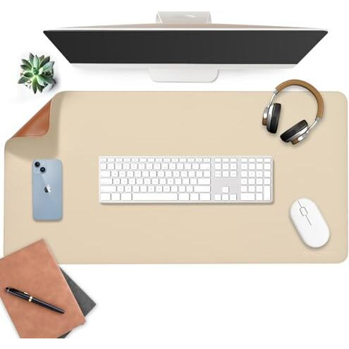 Aropana Vegan Leather Desk Mat, Mouse Pad Large, Computer Table Mat, Reversible Extended Laptop Pad For Desk, Dual Side Waterproof Edge-Stitched (36&quotX17&quotInch, White/Coffee)