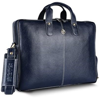 Hammonds Flycatcher Genuine Leather Office Bag For Men - 15.6 Inch Laptop Bag For Men For Professionals, Business Travelers - Adjustable Straps & Multiple Compartments - 1 Year Warranty - Royal Blue
