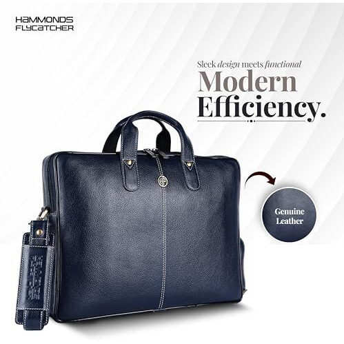 Hammonds Flycatcher Genuine Leather Office Bag For Men - 15.6 Inch Laptop Bag For Men For Professionals, Business Travelers - Adjustable Straps & Multiple Compartments - 1 Year Warranty - Royal Blue