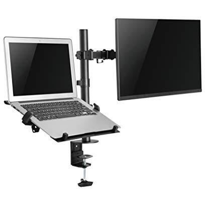 Jin Office Dual Monitor Stand Arm With Laptop Tray | Supports Upto 32 Inches And 8 Kg Weight Cap. Per Arm| Alloy Steel Height Adjustable Monitor Stand With Laptop Plate (Black) (Black)