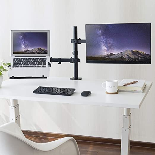 Jin Office Dual Monitor Stand Arm With Laptop Tray | Supports Upto 32 Inches And 8 Kg Weight Cap. Per Arm| Alloy Steel Height Adjustable Monitor Stand With Laptop Plate (Black) (Black)