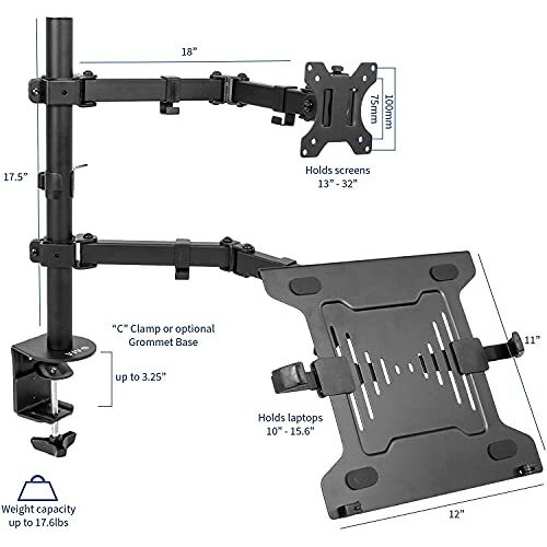 Jin Office Dual Monitor Stand Arm With Laptop Tray | Supports Upto 32 Inches And 8 Kg Weight Cap. Per Arm| Alloy Steel Height Adjustable Monitor Stand With Laptop Plate (Black) (Black)
