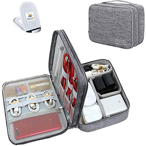 Seagull Flight Of Fashion Nylon Double Layer Electronic Gadget Organizer Case, Cable Organizer Bag For Accessories With Mobile Stand - 27 X 20 X 9 Cm - Grey - Model 1