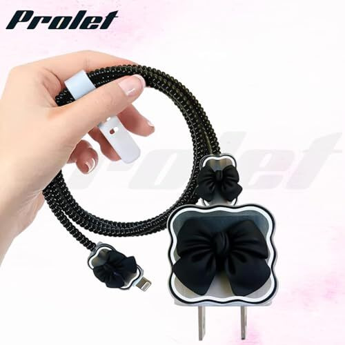Prolet Cute 3D Bow Design Case Cover For Iphone Adapter Compatible With 18W And 20W Charger Only 360 Full Protection Silicone Case Cover 5 In 1 (Black Bow)