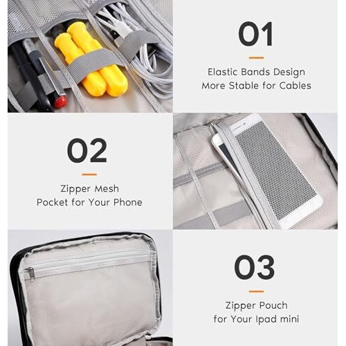 Yellow Weaves 3 Layer Electronics Accessories Organizer Bag, Cable Organizer Bag, Travel Pouch For Charger, Usb Cord, Data Cable, Sd Cards, Earphone, Power Bank, Black, 25X18X10Cm - Canvas