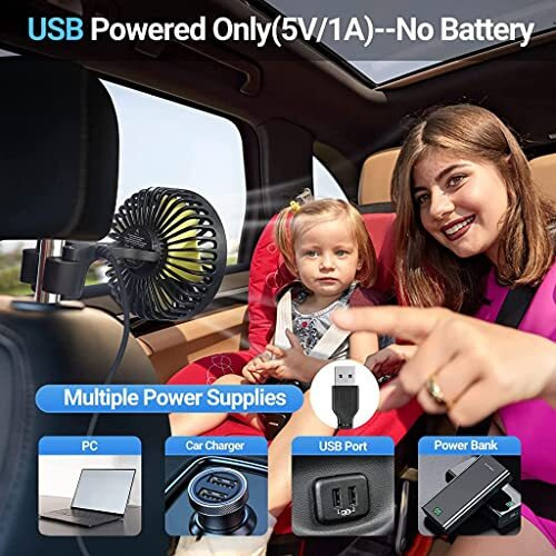 Verilux Usb Fan For Car Back Seat,Headrest Mounted 5V Usb Mini Fan With 3 Speed,Rotatable With Cable Switch Controller Fan For Baby Back Seat Passengers Plug And Play
