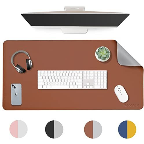 Aropana Vegan Leather Desk Mat, Mouse Pad Large, Computer Table Mat, Reversible Extended Laptop Pad For Desk, Dual Side Waterproof Edge-Stitched (36&quotX17&quotInch, Brown/Grey)