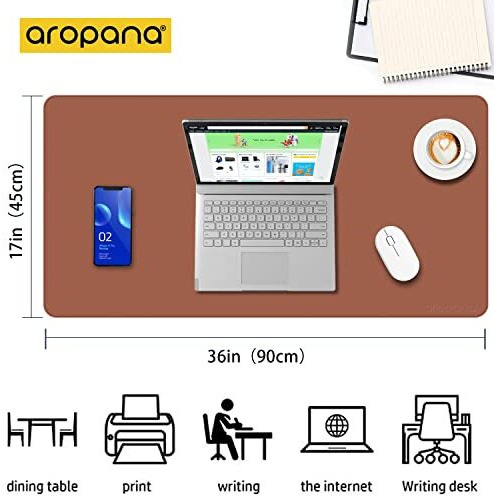 Aropana Vegan Leather Desk Mat, Mouse Pad Large, Computer Table Mat, Reversible Extended Laptop Pad For Desk, Dual Side Waterproof Edge-Stitched (36&quotX17&quotInch, Brown/Grey)