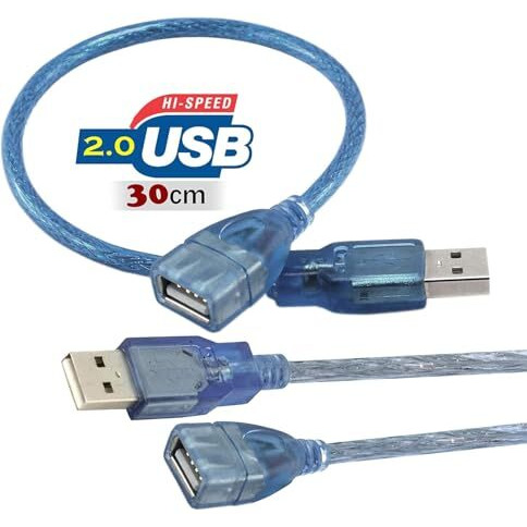 100Fit 30Cm Premium Usb Extender Cable Male To Female Usb A Male To Usb A Female 2.0 Data Transfer And Charging Adapter For Tv, Pc, Laptop, Playstation, Xbox, Flash Drive,Etc (Transparent Blue)