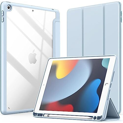 Proelite Smart Flip Case Cover For Apple Ipad 10.2 Inch 2021 9Th/8Th/7Th Gen, Clear Soft Back With Pencil Holder, Haze Blue