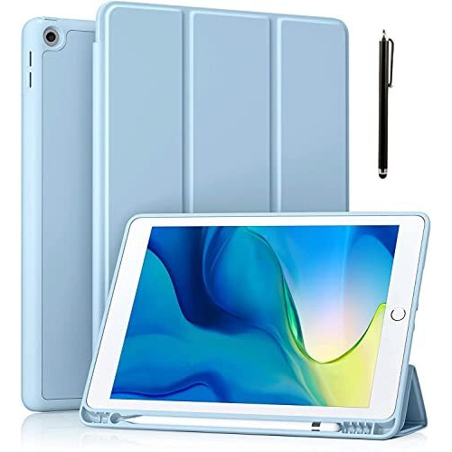 Proelite Smart Case For Ipad 10.2 Inch 2021 9Th/8Th/7Th Gen [Auto Sleep/Wake Cover] [Pencil Holder] [Soft Flexible Case] Recoil Series - Light Blue With Stylus Pen