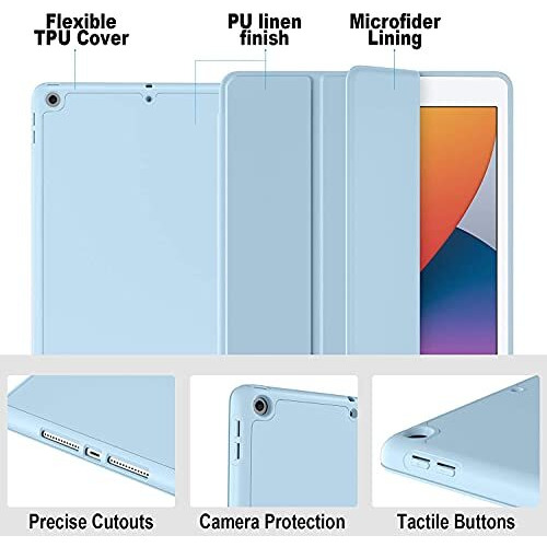 Proelite Smart Case For Ipad 10.2 Inch 2021 9Th/8Th/7Th Gen [Auto Sleep/Wake Cover] [Pencil Holder] [Soft Flexible Case] Recoil Series - Light Blue With Stylus Pen