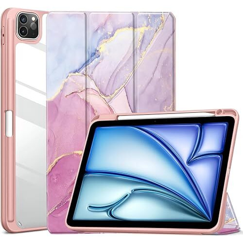 Proelite Case For Ipad Air 11 Inch M3/M2 2025/2024, Ipad Air 10.9 Inch 5Th/4Th Gen & Ipad Pro 11 Inch 4Th/3Rd Gen 2022 Case Cover, Transparent Smart Flip Cover With Pencil Holder, Marble Rose Pink