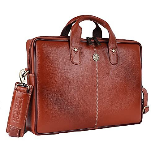 Hammonds Flycatcher Genuine Leather Office Bag For Men - Laptop Bag For Men - Padded Laptop Compartment, Fits 14 Inch Laptop - Adjustable Strap, 1 Year Warranty - Office, Travel, Daily Use - Tan