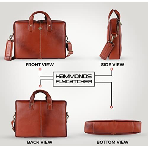 Hammonds Flycatcher Genuine Leather Office Bag For Men - Laptop Bag For Men - Padded Laptop Compartment, Fits 14 Inch Laptop - Adjustable Strap, 1 Year Warranty - Office, Travel, Daily Use - Tan