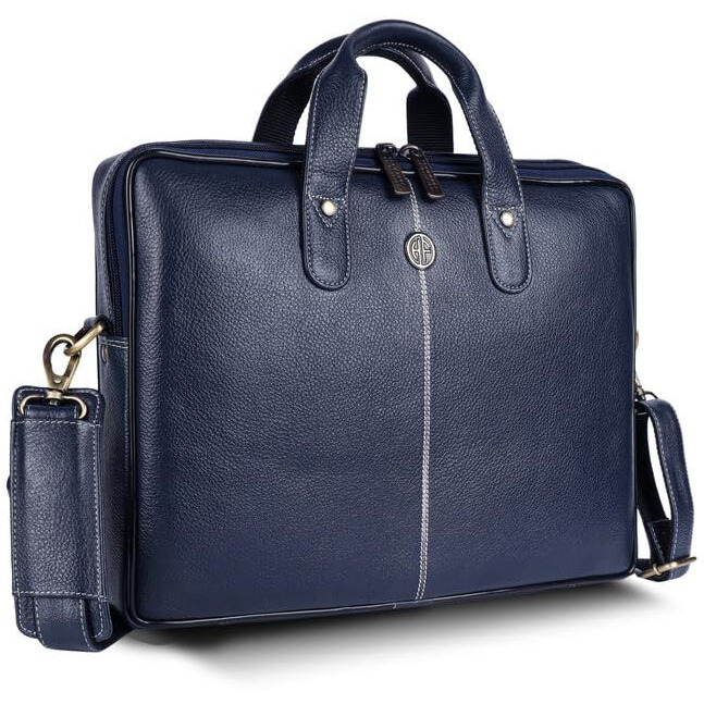 Hammonds Flycatcher Genuine Leather Office Bag For Men - Laptop Bag For Men - Padded Laptop Compartment, Fits 14 Inch Laptop - Adjustable Strap, 1 Year Warranty - Office, Travel, Daily Use - Blue