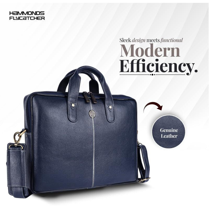 Hammonds Flycatcher Genuine Leather Office Bag For Men - Laptop Bag For Men - Padded Laptop Compartment, Fits 14 Inch Laptop - Adjustable Strap, 1 Year Warranty - Office, Travel, Daily Use - Blue