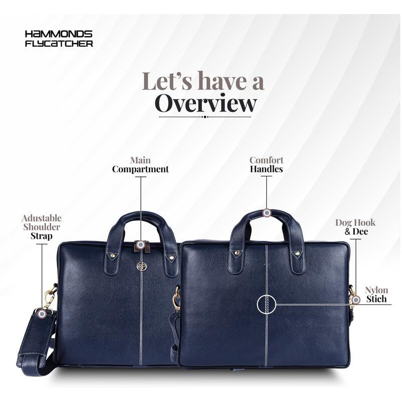 Hammonds Flycatcher Genuine Leather Office Bag For Men - Laptop Bag For Men - Padded Laptop Compartment, Fits 14 Inch Laptop - Adjustable Strap, 1 Year Warranty - Office, Travel, Daily Use - Blue