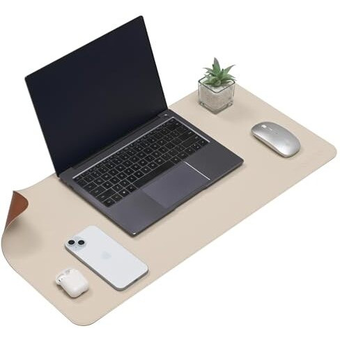 Aropana Vegan Leather Desk Mat, Mouse Pad Large, Computer Table Mat, Reversible Extended Laptop Pad For Desk, Dual Side Waterproof Edge-Stitched (27.6X13.8 Inch, White/Coffee)