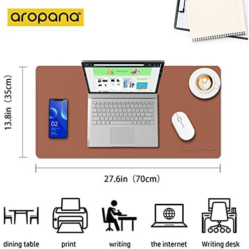 Aropana Vegan Leather Desk Mat, Mouse Pad Large, Computer Table Mat, Reversible Extended Laptop Pad For Desk, Dual Side Waterproof Edge-Stitched (27.6X13.8 Inch, Brown/Grey)