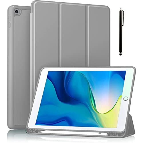 Proelite Smart Case For Ipad 10.2 Inch 2021 9Th/8Th/7Th Gen [Auto Sleep/Wake Cover] [Pencil Holder] [Soft Flexible Case] Recoil Series - Grey With Stylus Pen