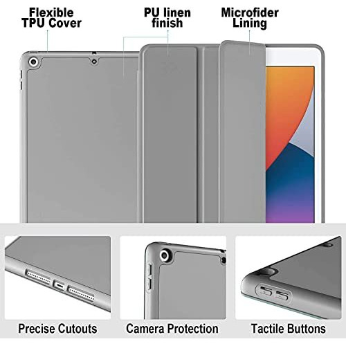 Proelite Smart Case For Ipad 10.2 Inch 2021 9Th/8Th/7Th Gen [Auto Sleep/Wake Cover] [Pencil Holder] [Soft Flexible Case] Recoil Series - Grey With Stylus Pen