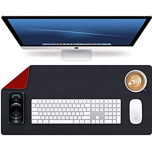 Aropana Vegan Leather Desk Pad, Extended Mouse Pad, Office Desk Mat, Reversible Desk Protector, Dual Side Waterproof Edge-Stitched Upgraded Version (36&quotX17&quotInch, Black/Red)