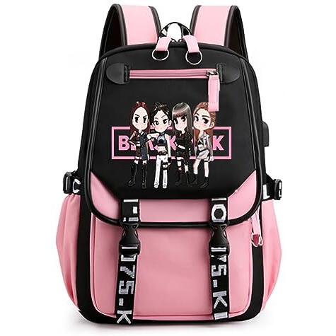 Palay Black Pink Bag For Girls School Bag With Usb Cable Jack Cute Backpacks Idol Print Design Laptop Backpack And Casual Backpack Student Accessories That Can Hold 16.8 Inches Books