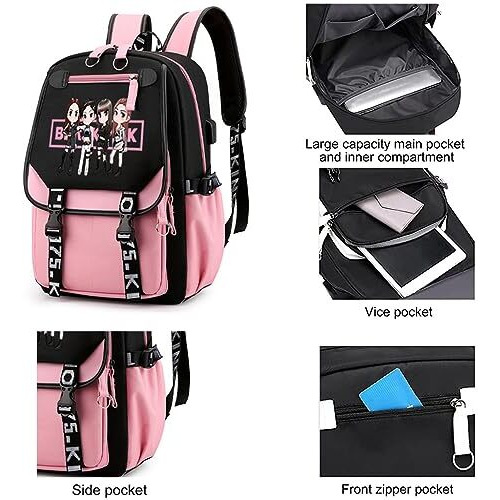 Palay Black Pink Bag For Girls School Bag With Usb Cable Jack Cute Backpacks Idol Print Design Laptop Backpack And Casual Backpack Student Accessories That Can Hold 16.8 Inches Books