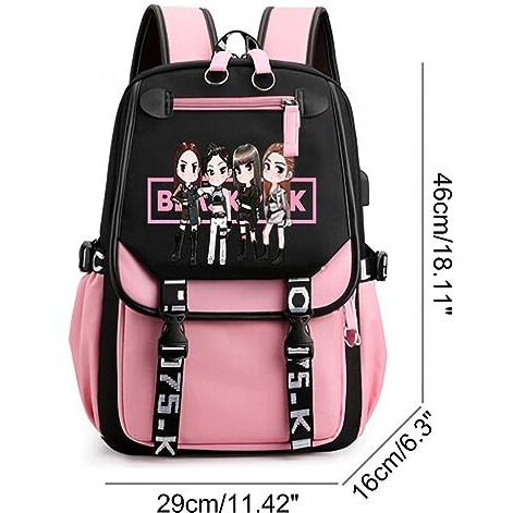 Palay Black Pink Bag For Girls School Bag With Usb Cable Jack Cute Backpacks Idol Print Design Laptop Backpack And Casual Backpack Student Accessories That Can Hold 16.8 Inches Books