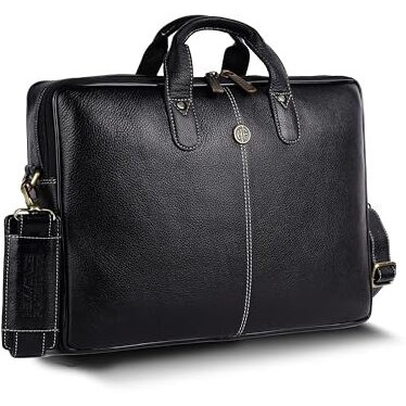Hammonds Flycatcher Genuine Leather Office Bag For Men - 15.6 Inch Laptop Bag For Men For Professionals, Business Travelers - Adjustable Straps & Multiple Compartments - 1 Year Warranty - Black