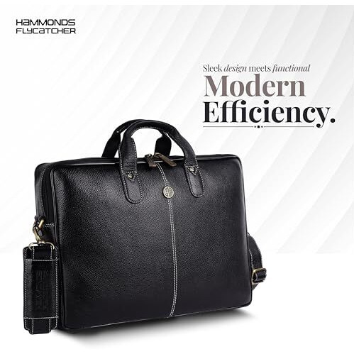 Hammonds Flycatcher Genuine Leather Office Bag For Men - 15.6 Inch Laptop Bag For Men For Professionals, Business Travelers - Adjustable Straps & Multiple Compartments - 1 Year Warranty - Black