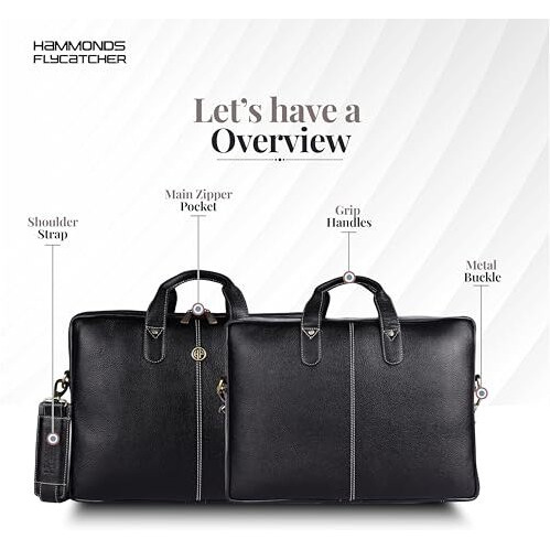 Hammonds Flycatcher Genuine Leather Office Bag For Men - 15.6 Inch Laptop Bag For Men For Professionals, Business Travelers - Adjustable Straps & Multiple Compartments - 1 Year Warranty - Black