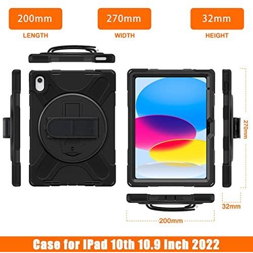 Proelite Rugged 3 Layer Armor Case Cover For Apple Ipad (A16) 11Th/10Th Generation (2025/2022). With Hand Grip And Rotating Kickstand, Black