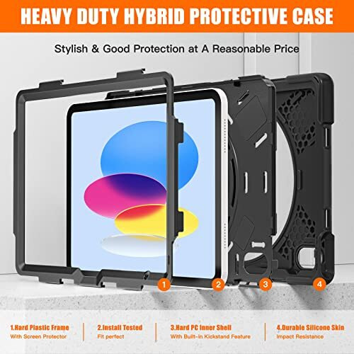 Proelite Rugged 3 Layer Armor Case Cover For Apple Ipad (A16) 11Th/10Th Generation (2025/2022). With Hand Grip And Rotating Kickstand, Black