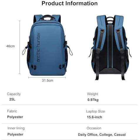 Arctic Hunter Laptop Backpack For Men Women 25L Lightweight Water-Resistant Casual Backpack 15.6-Inch Laptop Bag 5 Pockets Sleek For College Office Daypack, Blue