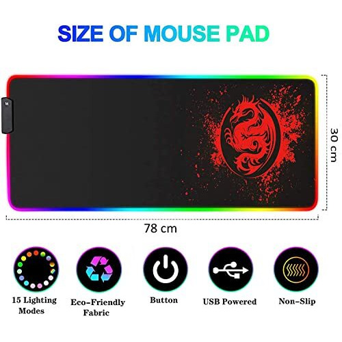 Speed Rgb Gaming Mouse Pad, Soft Glowing 14 Led Modes, Gaming Desk Keyboard Pad, Mouse Mat, Non-Slip Rubber Base - 78X30 Cm - Red Dragon