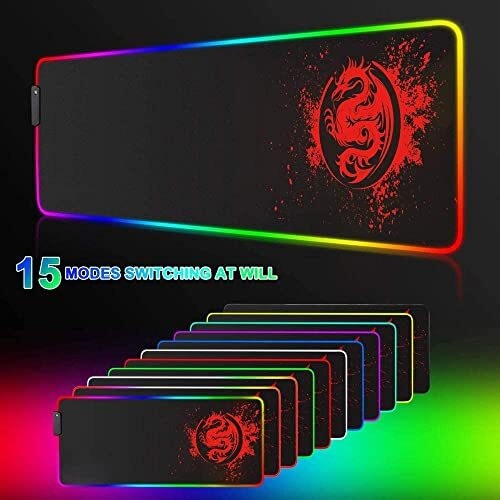 Speed Rgb Gaming Mouse Pad, Soft Glowing 14 Led Modes, Gaming Desk Keyboard Pad, Mouse Mat, Non-Slip Rubber Base - 78X30 Cm - Red Dragon