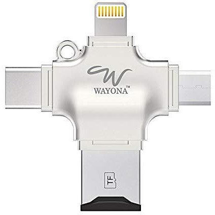 Wayona 4 In 1 Otg Card Reader Four Ports  Lightning Type C Micro Usb Usb Card Reader - Like Iflash, Idisk For Iphone, Ipad, Micro Usb, Sdhc Lightning Flash Drive (No Memory, Silver)