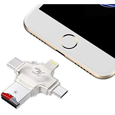 Wayona 4 In 1 Otg Card Reader Four Ports  Lightning Type C Micro Usb Usb Card Reader - Like Iflash, Idisk For Iphone, Ipad, Micro Usb, Sdhc Lightning Flash Drive (No Memory, Silver)