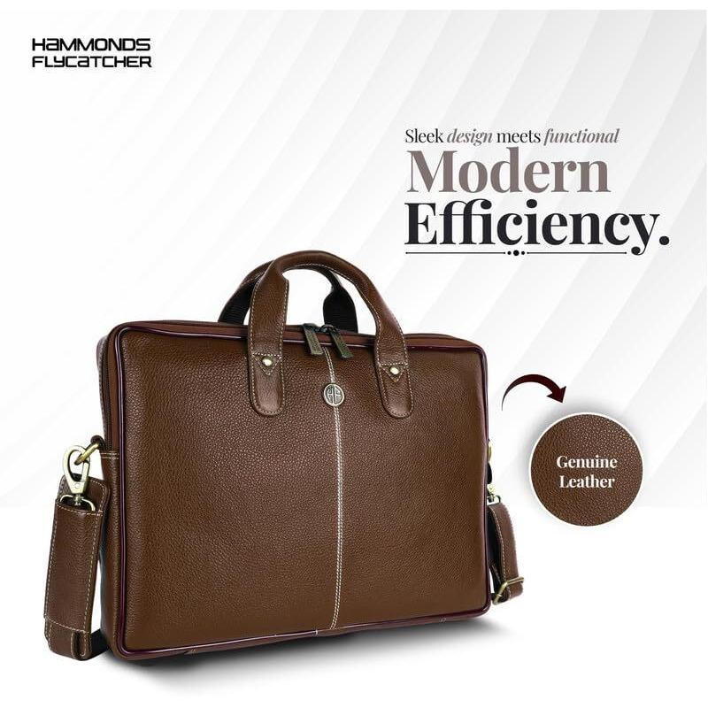 Hammonds Flycatcher Genuine Leather Office Bag For Men - Laptop Bag For Men - Padded Laptop Compartment, Fits 14 Inch Laptop - Adjustable Strap, 1 Year Warranty - Office, Travel, Daily Use - Brushwood