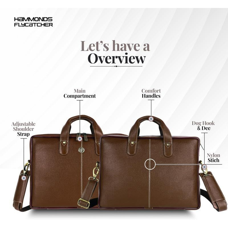 Hammonds Flycatcher Genuine Leather Office Bag For Men - Laptop Bag For Men - Padded Laptop Compartment, Fits 14 Inch Laptop - Adjustable Strap, 1 Year Warranty - Office, Travel, Daily Use - Brushwood