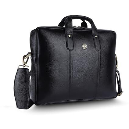 Hammonds Flycatcher Genuine Leather Office Bag For Men, Laptop Bag For Men, Leather Bag For Men For 14 Inch Laptop, Adjustable Strap, Multi Compartments, Water Resistant, 1 Year Warranty - Black
