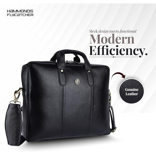 Hammonds Flycatcher Genuine Leather Office Bag For Men, Laptop Bag For Men, Leather Bag For Men For 14 Inch Laptop, Adjustable Strap, Multi Compartments, Water Resistant, 1 Year Warranty - Black